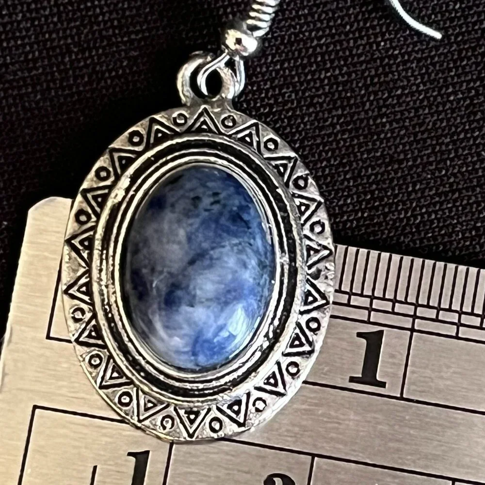 Taxco‑Style Sodalite Earrings – Antique Silver‑Tone Setting – Oval Cabochons - Picture 9 of 10